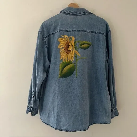 Vintage Denim Shirt Sunflower Handpainted Size Large Boho Artsy Unique Kansas - Picture 1 of 9
